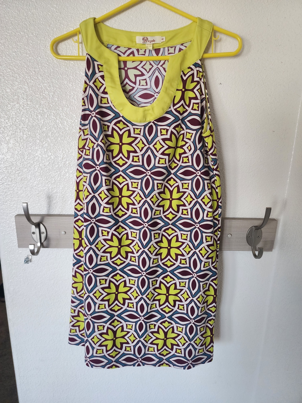 Aryeh Lime and Plum Geometric Sleeveless Shift Dress